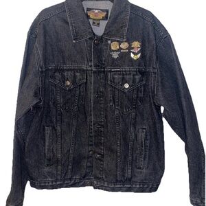 Harley Davidson Jacket Size Mens M Denim Trucker Riding Black with pins